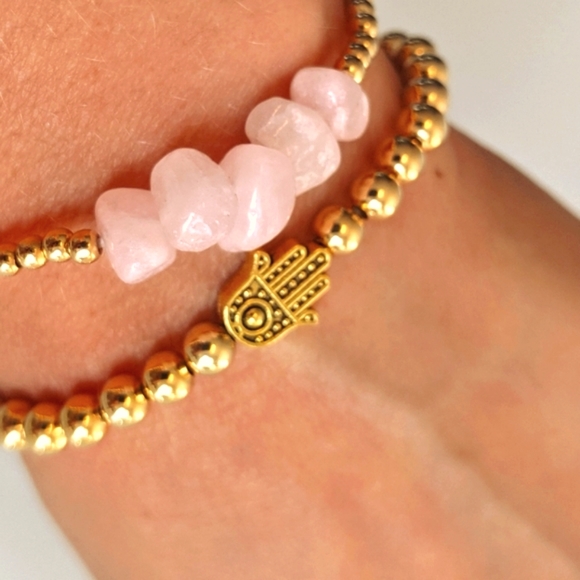 2 Bracelets natural rose stones , gold plated beads and Hasma stackable - Picture 2 of 10